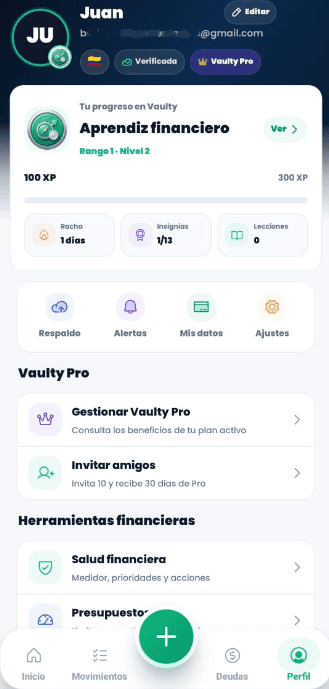 Captura de Perfil y progreso en Vaulty