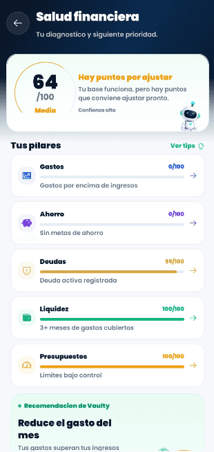 Captura de Salud financiera en Vaulty