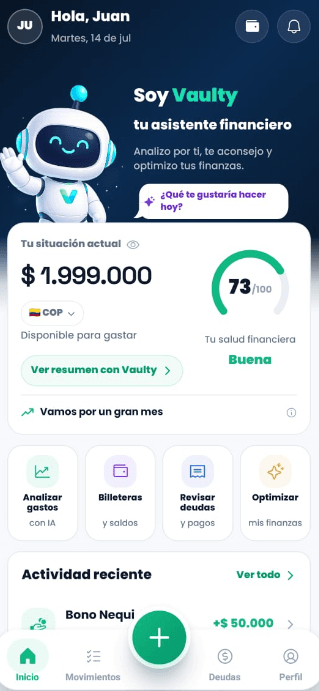 Pantalla de inicio de la aplicación Vaulty