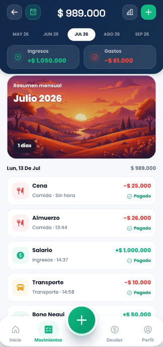 Listado de movimientos financieros en Vaulty
