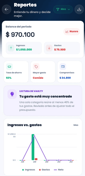 Reporte financiero mensual en Vaulty