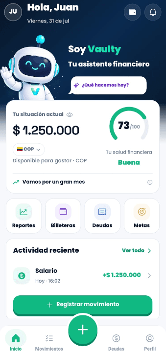 Inicio de Vaulty con balance y actividad reciente