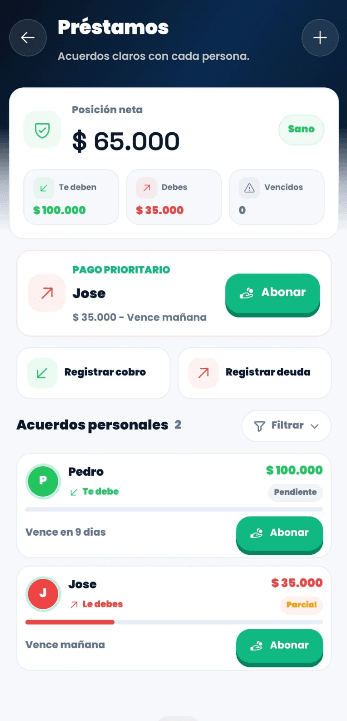 Vista de Compromisos en Vaulty